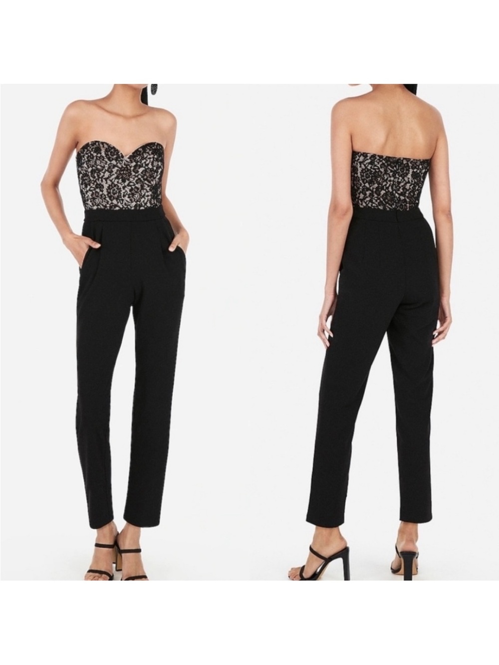 Express Strapless Jumpsuit Black Lace Sweetheart Bodice with nude lining Sz:4